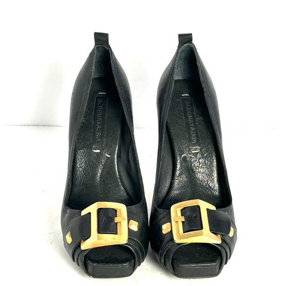BCBG MAXAZRIA Black Buckle Studded Peep Toe Leather Heels Stiletto Shoes 7.5 B - Picture 1 of 13